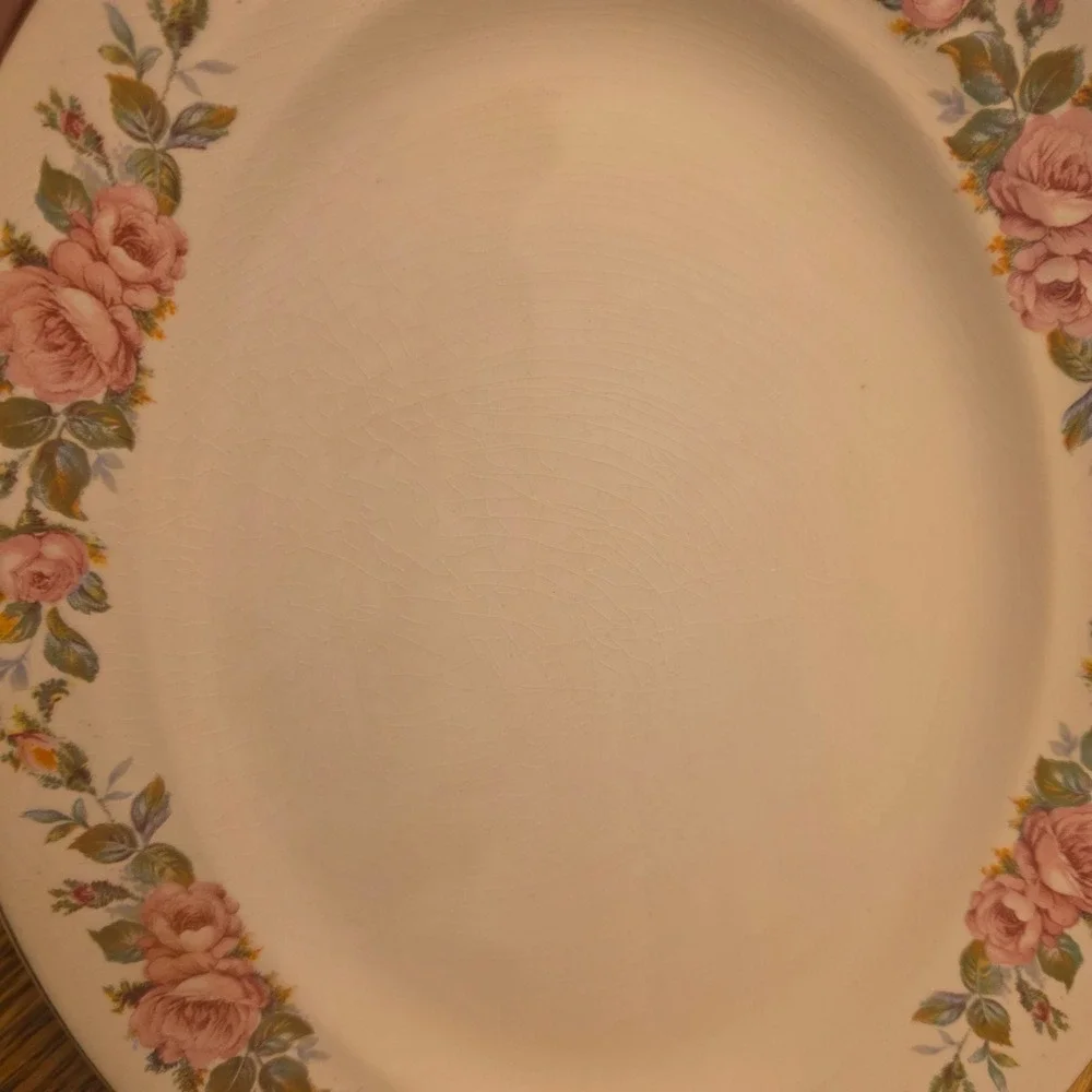 Crown‎ Potteries Co Vintage Pink Rose Oval Serving Platter Gold Trim 11